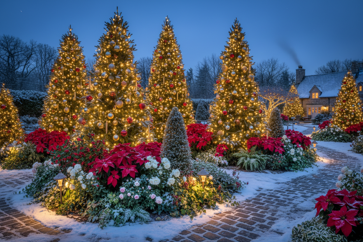Decorative Christmas trees and floral arrangements in a garden setting with snow.