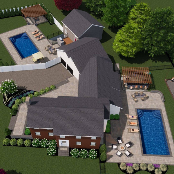 Aerial 3D landscape design of a large estate featuring two custom swimming pools, multiple stone patios, a pergola-covered outdoor dining area, and ornamental privacy hedges.